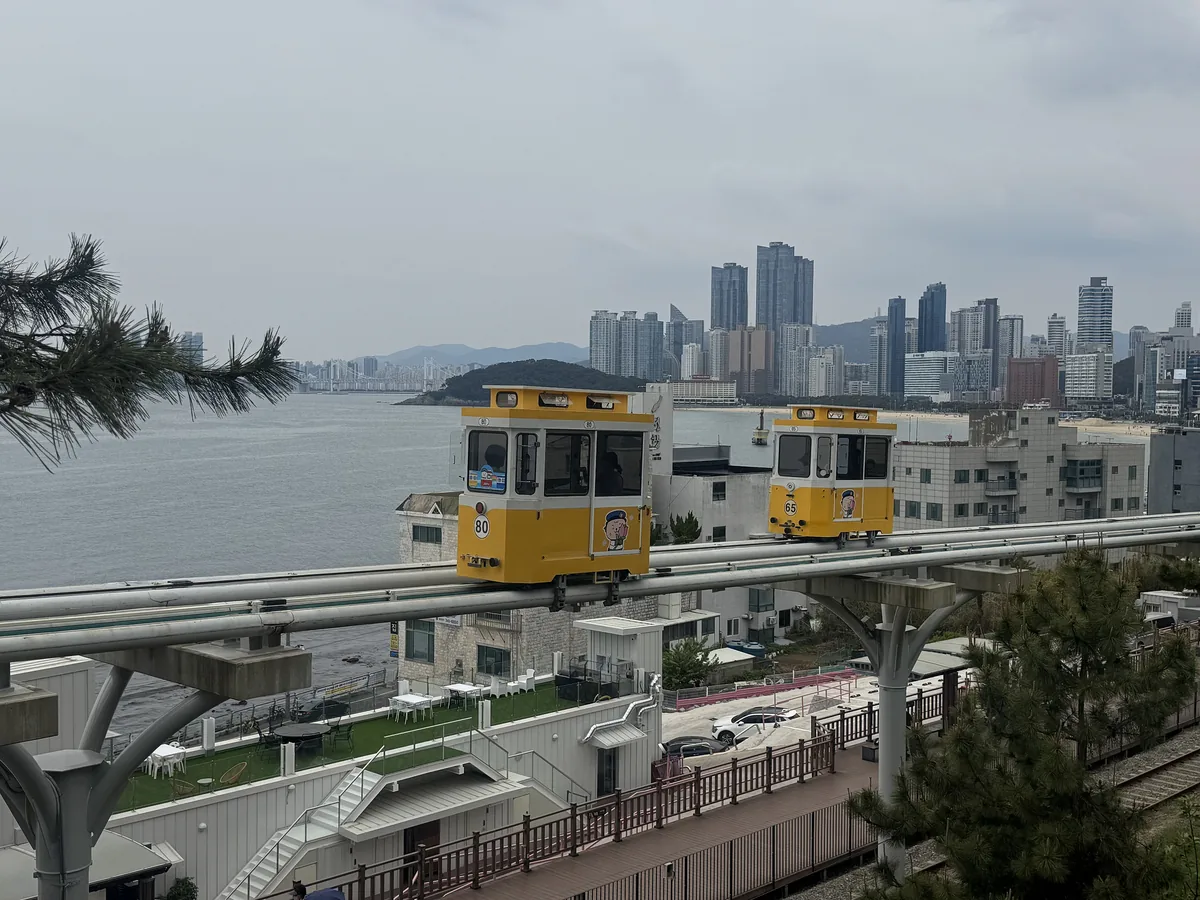 해운대 바다 옆 레일 위를 달리는 블루라인파크 노란 스카이캡슐